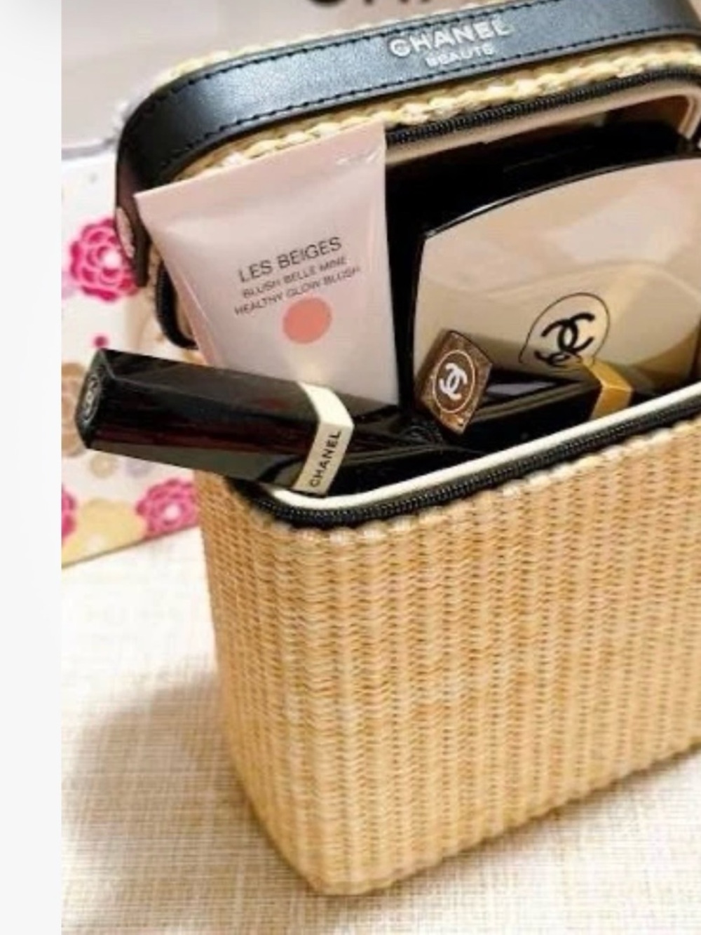CHANEL Beige Woven Cosmetic Case with Black Trim